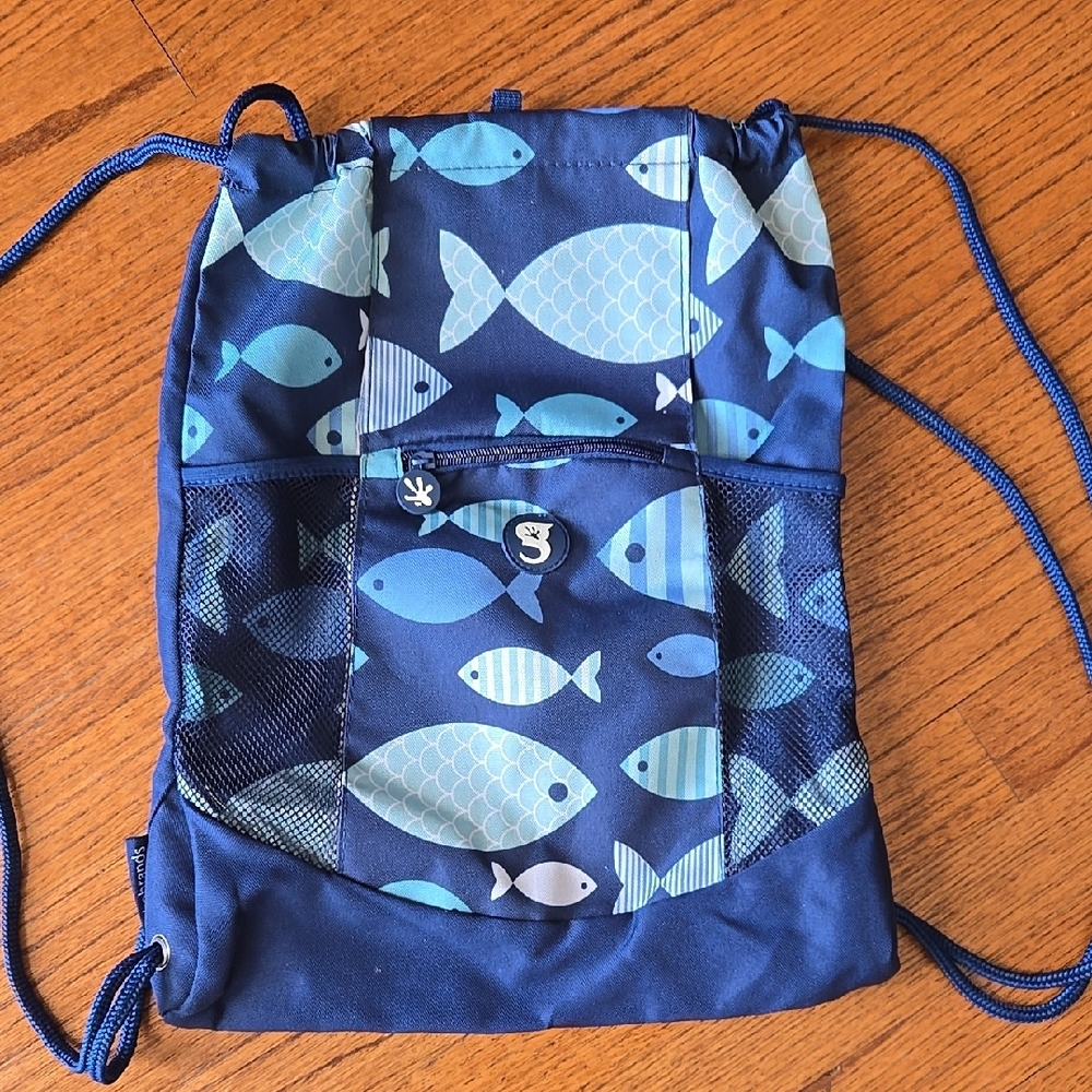 Geckobrands Waterproof Blue Fish Print Drawstring Swim Backpack
